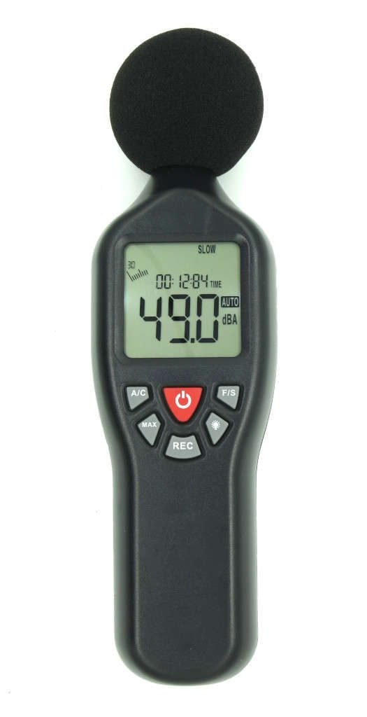 Sound level meter set to dBA, slow response.